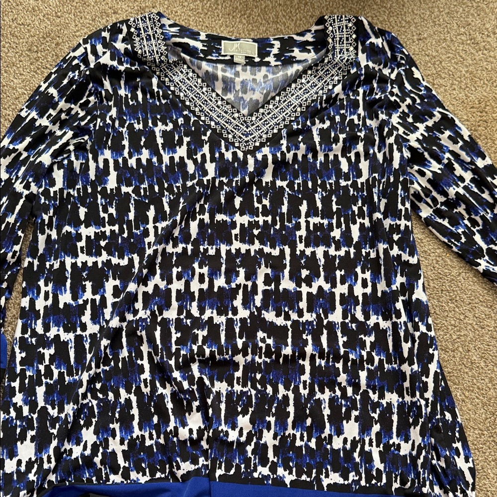 JM Collection Black and Blue Abstract Blouse